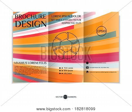 Tri-fold brochure template with modern geometric background. Three-fold leaflet design with random lines and tripes. Vector illustration.