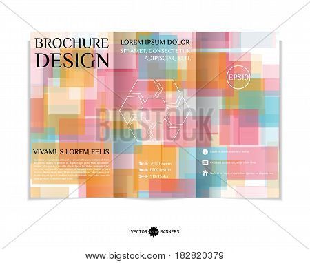 Tri-fold brochure template with modern geometric background. Three-fold leaflet design with random squares. Vector illustration.