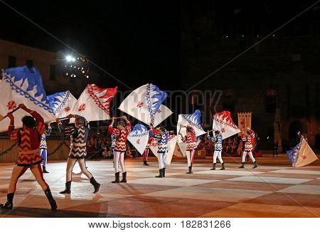 Marostica, Vi, Italy - September 9, 2016: Flag Bearers During Night Fantastic Show With Evolutions O