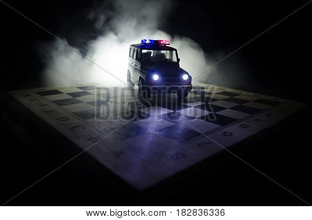 Anti-riot Police Give Signal To Be Ready. Government Power Concept. Police On Chessboard. Smoke On A