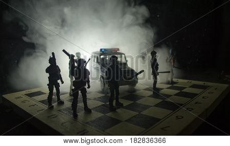 Anti-riot Police Give Signal To Be Ready. Government Power Concept. Police On Chessboard. Smoke On A