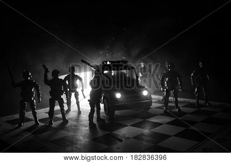 Anti-riot Police Give Signal To Be Ready. Government Power Concept. Police On Chessboard. Smoke On A