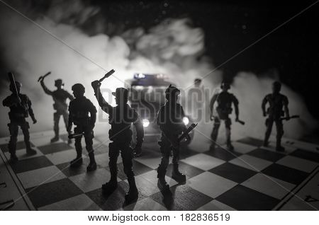 Anti-riot Police Give Signal To Be Ready. Government Power Concept. Police On Chessboard. Smoke On A