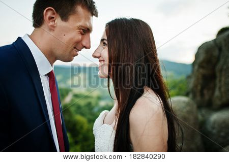 Lovely Wedding Couple Against Rocks Of Fortess Tustan At Carpathian Mountains.
