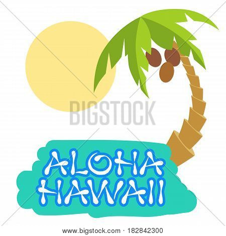Tropical island with palm tree. Vector illustration icon lettering Hawaii .