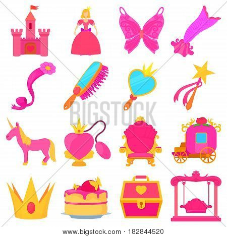 Princess accessories icons set. Cartoon illustration of 16 princess accessories vector icons for web