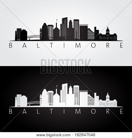 Baltimore USA skyline and landmarks silhouette black and white design vector illustration.