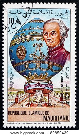 MAURITANIA - CIRCA 1983: a stamp printed in the Mauritania shows F. Pilatre de Rozier and his baloon was a French chemistry and physics teacher and one of the first pioneers of aviation circa 1983