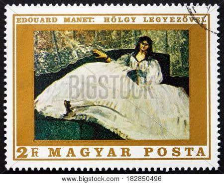 HUNGARY - CIRCA 1969: a stamp printed in Hungary shows Lady with Fan Painting by Edouard Manet French Painter circa 1969