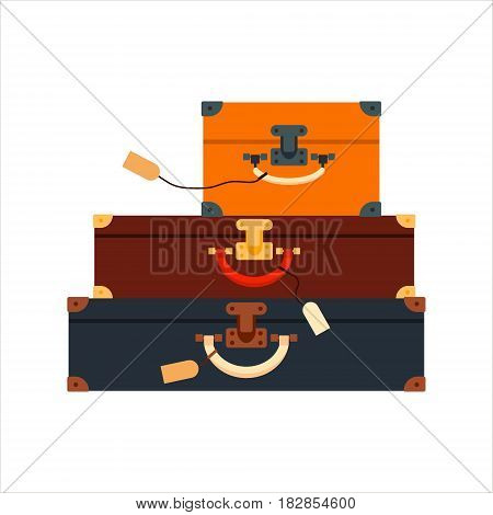 Flat set color trip suitcases for tourism vacation, with travelers stickers isolated on white background - vector stock illustration