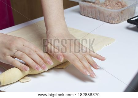 Stages Of Preparation Of Meat Glomeruli. A Woman Rolls Out The Dough. Next To The Table Is A Stuffin