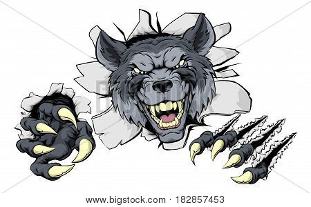 A mean wolf character or sports mascot breaking out
