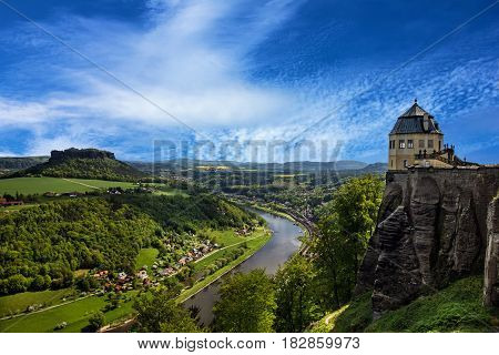 Saxon Switzerland. Elbe river view from castle Koenigstein.