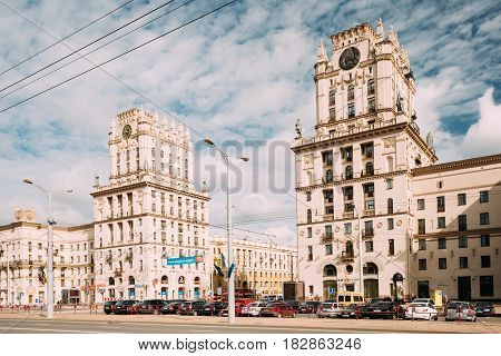 Minsk, Belarus - September 3, 2016: Two Buildings Towers Symbolizing The Gates Of Minsk, Station Square. Crossing The Streets Of Kirova And Bobruyskaya. Soviet Heritage, Urban Style. Famous Landmark