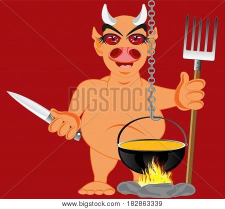 Cartoon line beside caldron with knife and pitchfork in hand