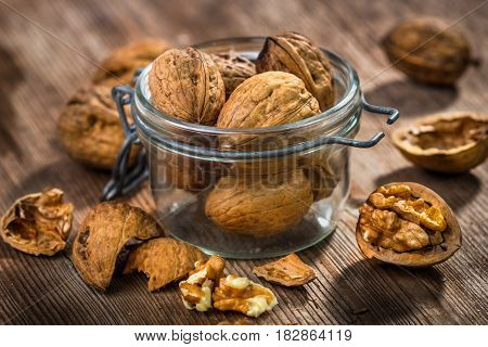 Wallnuts On Vintage Wooden Table