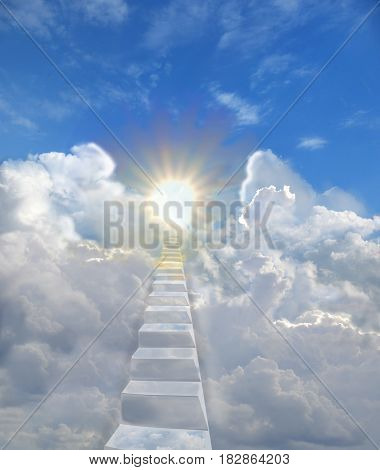 The ladder in the blue skies is among the clouds up to the warm radiant sun. Concept of freedom of spirit love religious symbol of paradise