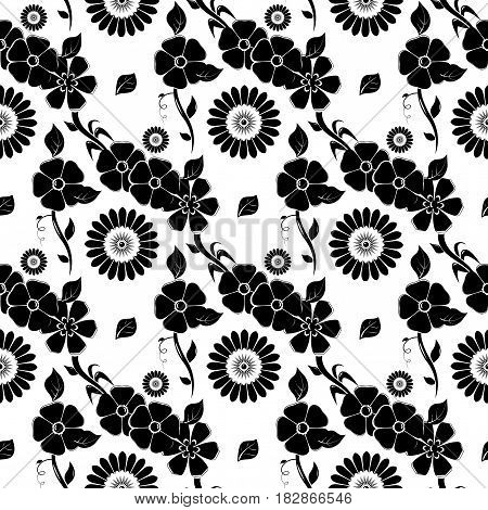 Floral seamless pattern. Black vector illustration on white