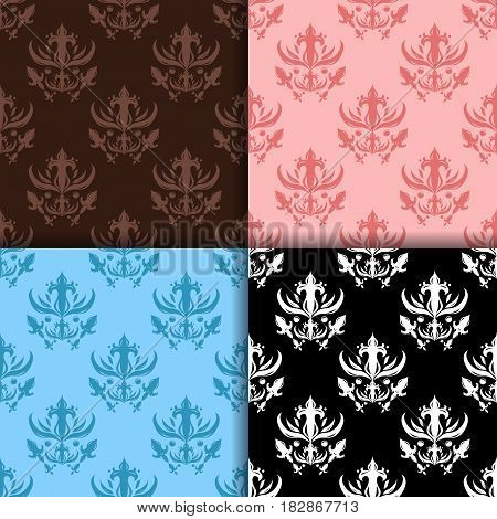 Abstract seamless patterns set. Black, brown, blue and pink vector illustration