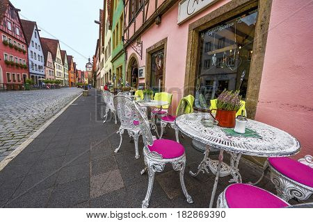 Rothenburg ob der Tauber, Germany - September 2017: nice cafe at the town streets
