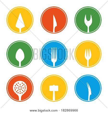 Fork, knife, spoon and other cutlery icon set in flat style. Vector illustration