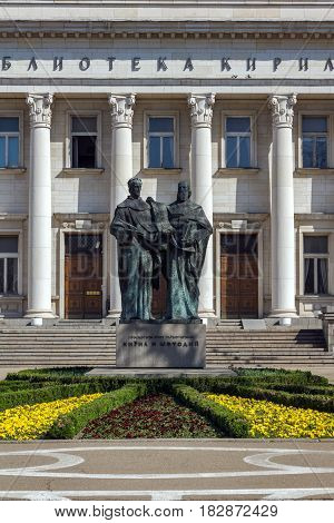 SOFIA, BULGARIA - APRIL 1, 2017: Spring view of National Library St. Cyril and St. Methodius in Sofia, Bulgaria