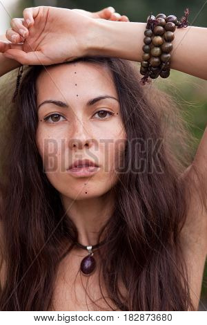 Porrait of beautiful hippie girl. Summer time