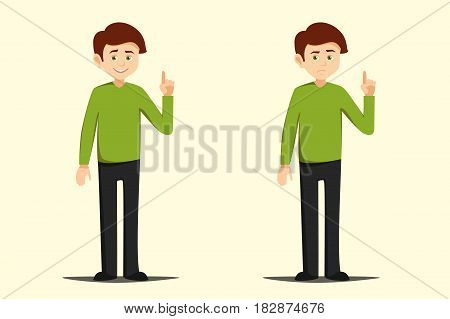 boy pointing finger up vector illustration isolated elements on white background . young man drew attention to something or warns with a serious face