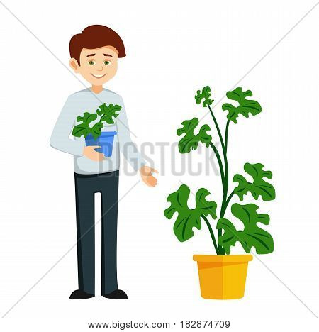 boy with flower pot. cartoon boy holding a flower in a pot. the character of florist in flat style. vector illustration isolated on white background