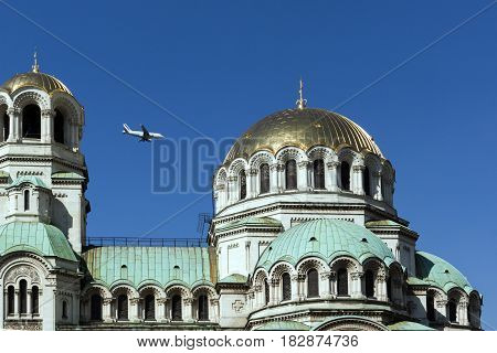 SOFIA, BULGARIA - APRIL 1, 2017: Amazing view of Cathedral Saint Alexander Nevski in Sofia, Bulgaria