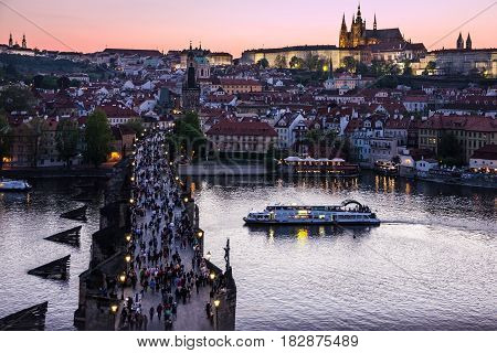 PRAGUE, CHEZH REPUBLIC - JAN 28, 2017: Prague Charles bridge, Czech Republic, night view