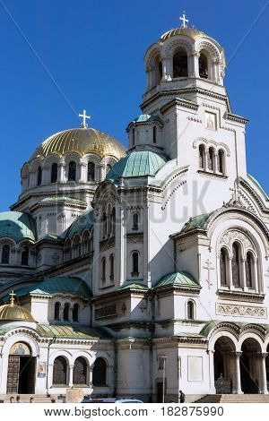 SOFIA, BULGARIA - APRIL 1, 2017: Amazing view of Cathedral Saint Alexander Nevski in Sofia, Bulgaria