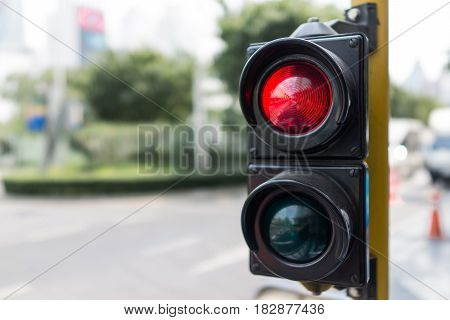 close up traffic light stop red and green on day light