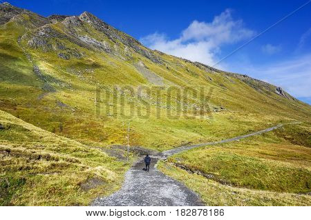 view of stone walk way to alp mountain with man hiking green yellow grass and clear blue sky autumn