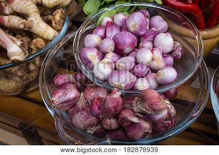 close up of thai red onion ingredient prepare for Tom Yam Kung