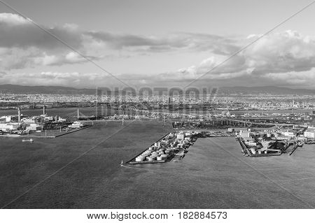 Black and White Osaka port cityscape from Cosmo Tower Observatory Japan