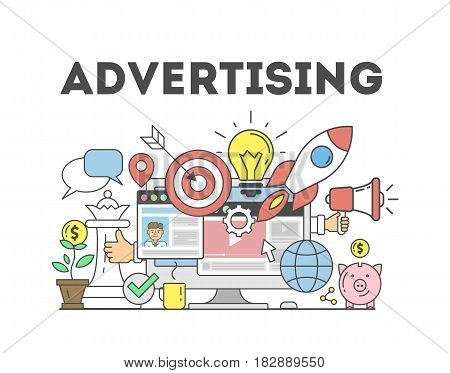 Advertising concept illustration. Signs and icons on white background.