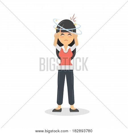 Woman with headache. Sick young girl is ill. Isolated character on whte.