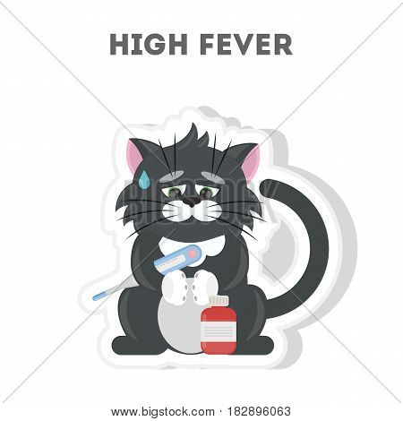 Cat with high fever. Isolated cute sticker on white background.