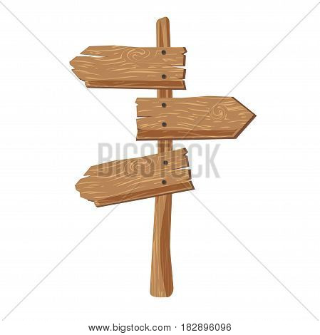 Three indexes showing in different directions attached on wooden stick on white background. Indications of right road, orientation in area. Vector illustration of route selection graphic icon.