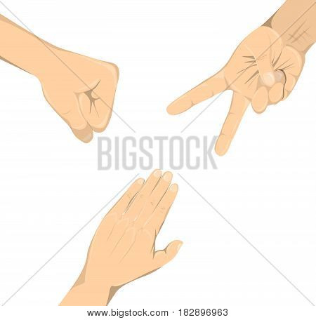 Paper rock scissors game with hands. Simple game for people.