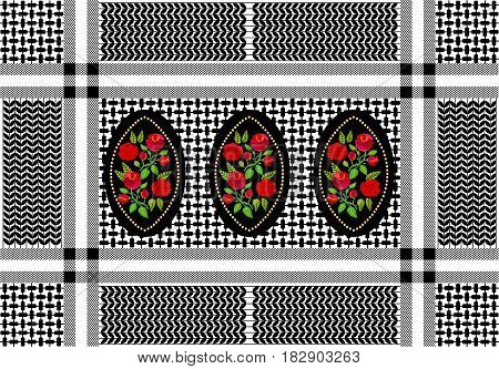 Checkered scarf with roses. Black, red, white.