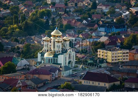 City Khust Zakarpattia Region Ukraine. View of the St.Cyril-Methodius Orthodox Cathedral and the roofs of houses from above.