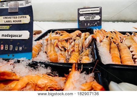 Supermarket stall with raw crevettes langoustines fresh fish counter full with diverse organic fish meat from Nor-East Atlantic Ocean