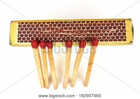 Matches lie against a matchbox, macro shot. Concept for igniting or example of phosphor .