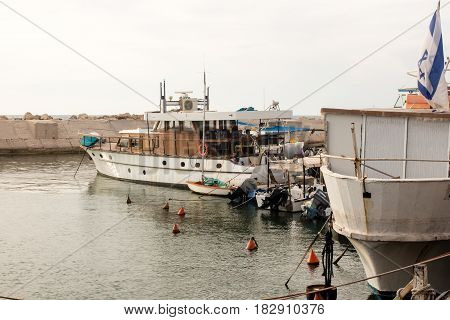 TEL AVIV ISRAEL - May 19 2014: Fishing boats in the port of Jaffa