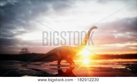 Dinosaur. Prehistoric period, rocky landscape. Wonderfull sunrise 3d rendering