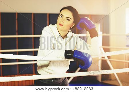 Portrait Of Beautiful Boxing Girl In Blue Gloves Posing In The Ring. Training At The Gym. Sporty Fem