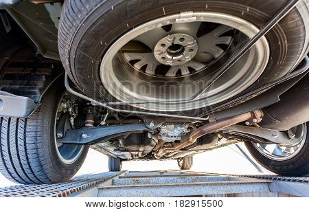 SAMARA RUSSIA - MAY 14 2016: View from the bottom of the car Mitsubishi Outlander. Mitsubishi Motors Corporation is a Japanese automotive manufacturer