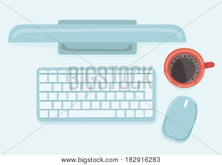 Vector illustration of workplace office. Business school training. Objects lying on table. The web banner. Modern flat design. Keyboard, mouse and coffee and monitor. Top view